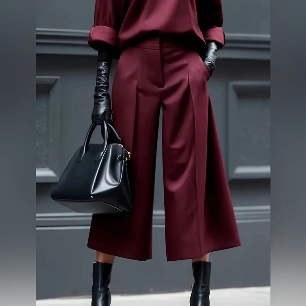 Burgundy Pleated Culottes Pants | Wide-Leg Cropped Trousers, Zip Fly